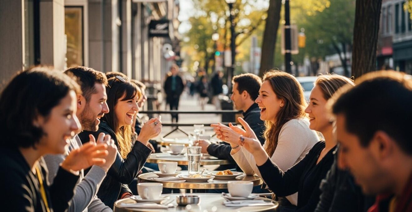 Photographie réaliste montrant une terrasse animée sur l’avenue Mont-Royal avec des passants et des cafés typiques