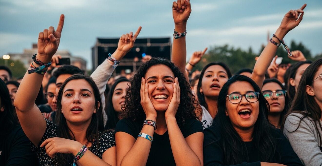Foule vibrant d'énergie devant une scène de concert illuminée, capturant l'effet de chair de poule et l'ambiance électrique à Montréal