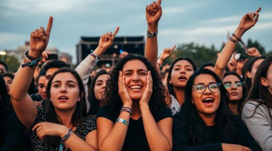 Foule vibrant d'énergie devant une scène de concert illuminée, capturant l'effet de chair de poule et l'ambiance électrique à Montréal