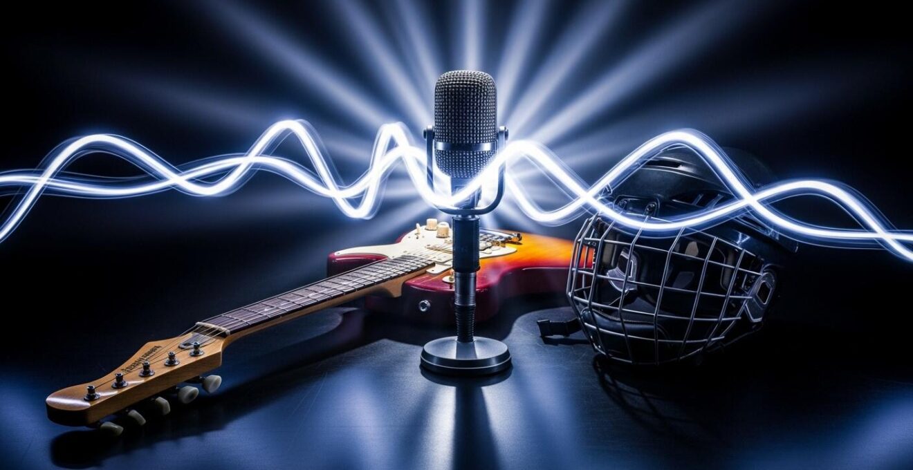 Illustration symbolique d'une onde électrique traversant des instruments de musique rock et un casque de hockey