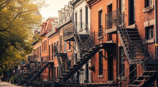 Photographie réaliste d'une rue emblématique du Plateau-Mont-Royal avec ses escaliers extérieurs en fer forgé et des façades colorées sous une lumière naturelle douce