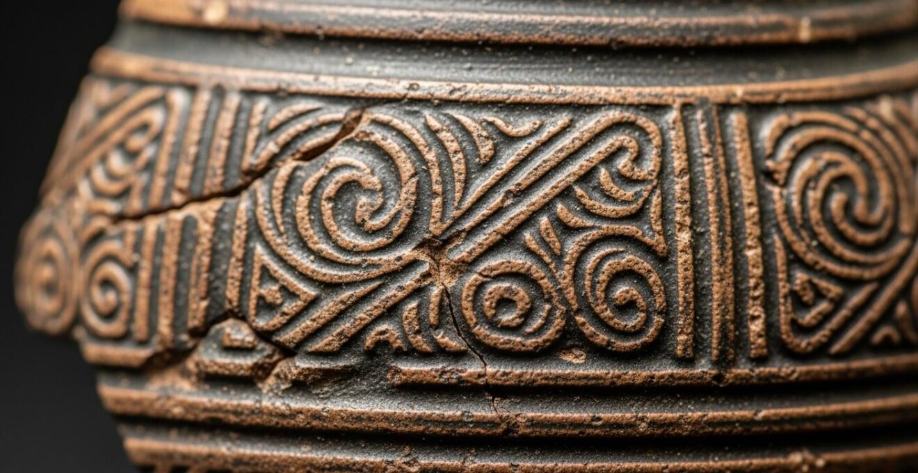 Gros plan photographique d'un fragment de poterie ancien avec motifs visibles