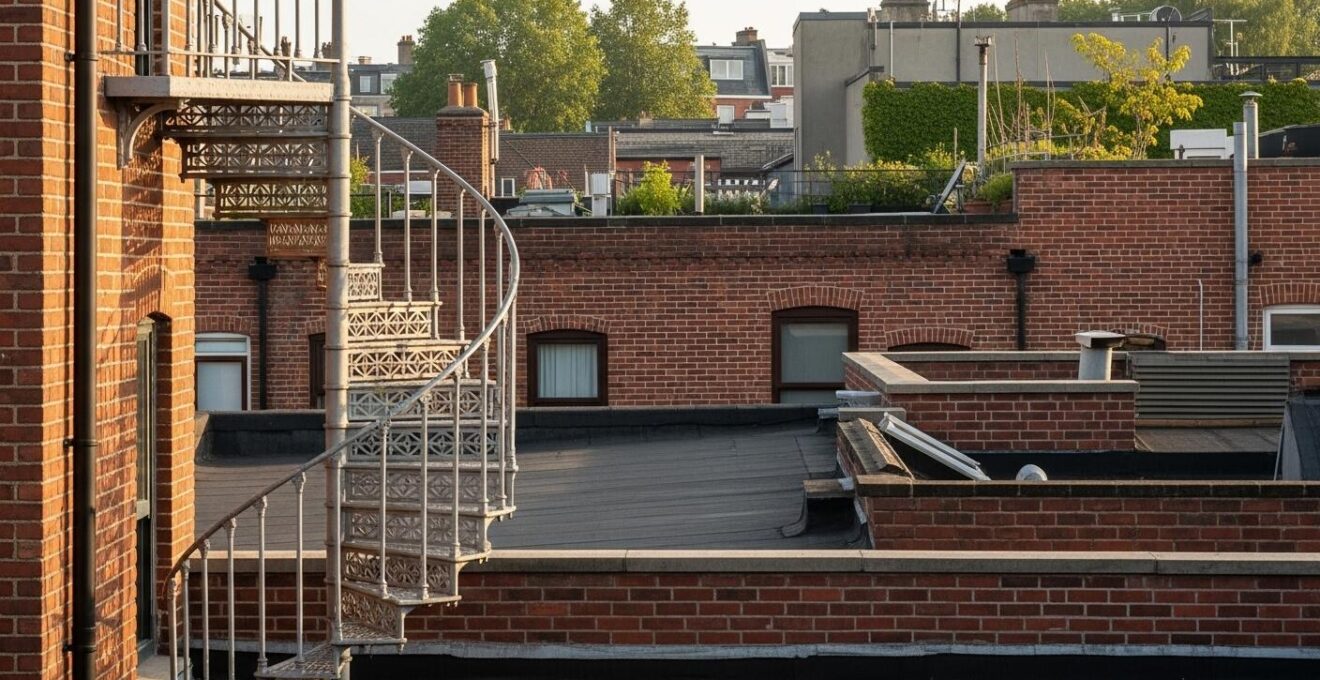 Focus sur un escalier extérieur en colimaçon et façade de briques rouges typique d’un quartier résidentiel Montréalais.
