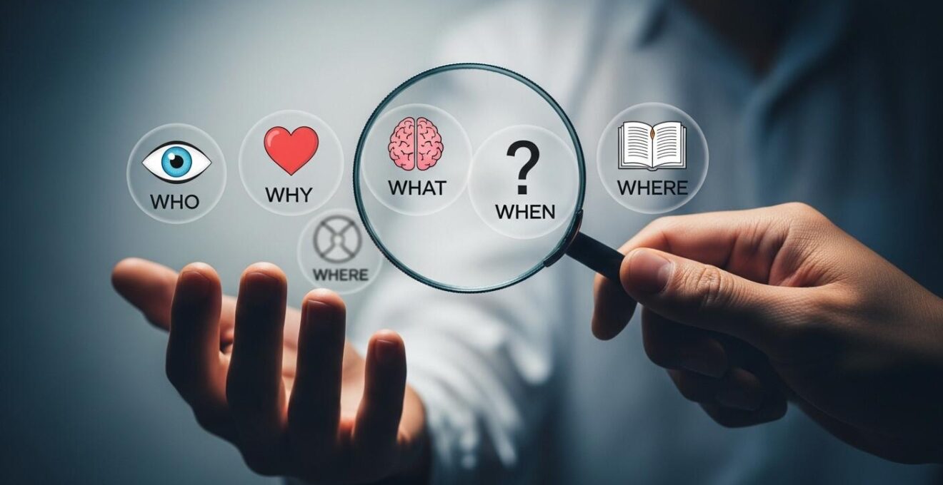 Illustration symbolique d'une main tenant une loupe pointant cinq icônes symbolisant des questions pour comprendre une œuvre d'art