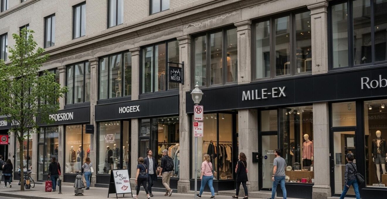Photographie d'une rue animée du Mile-Ex à Montréal avec des boutiques éclectiques et des passants en pleine séance de shopping