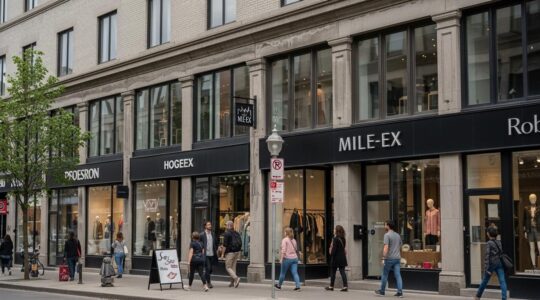 Photographie d'une rue animée du Mile-Ex à Montréal avec des boutiques éclectiques et des passants en pleine séance de shopping