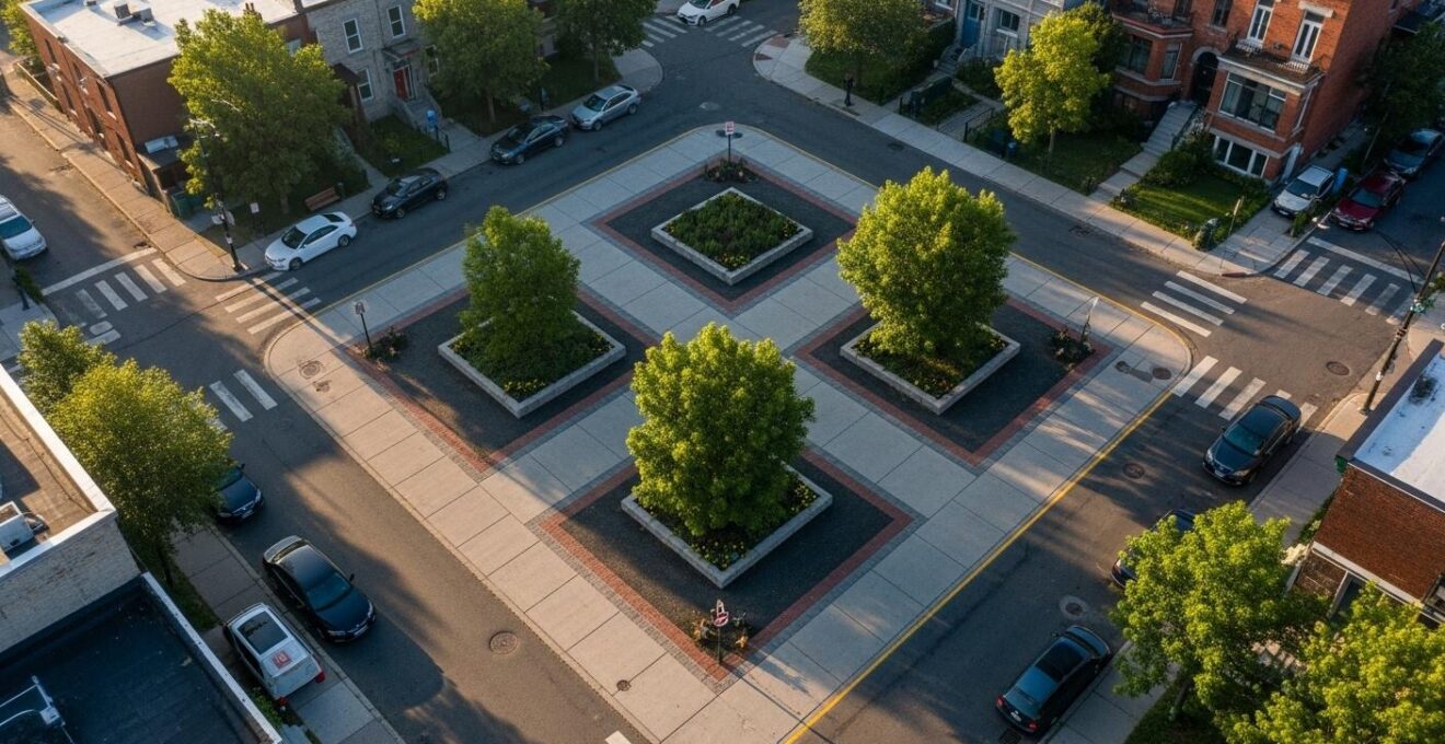Vue aérienne symbolique illustrant un circuit piéton créatif en carré dans un quartier dynamique de Montréal.