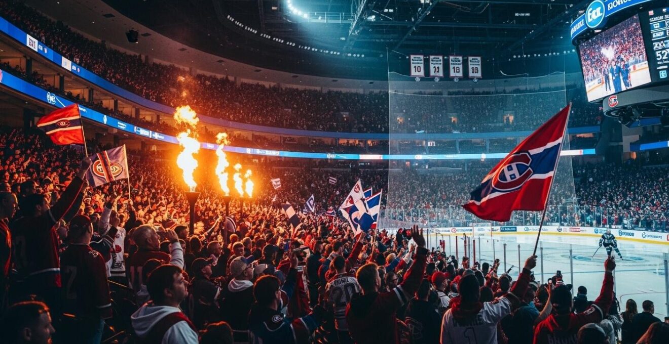 Vue large photoréaliste du Centre Bell rempli de supporters de hockey énergisés avec des drapeaux et chants, éclairage cinématographique