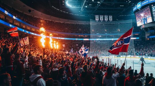 Vue large photoréaliste du Centre Bell rempli de supporters de hockey énergisés avec des drapeaux et chants, éclairage cinématographique