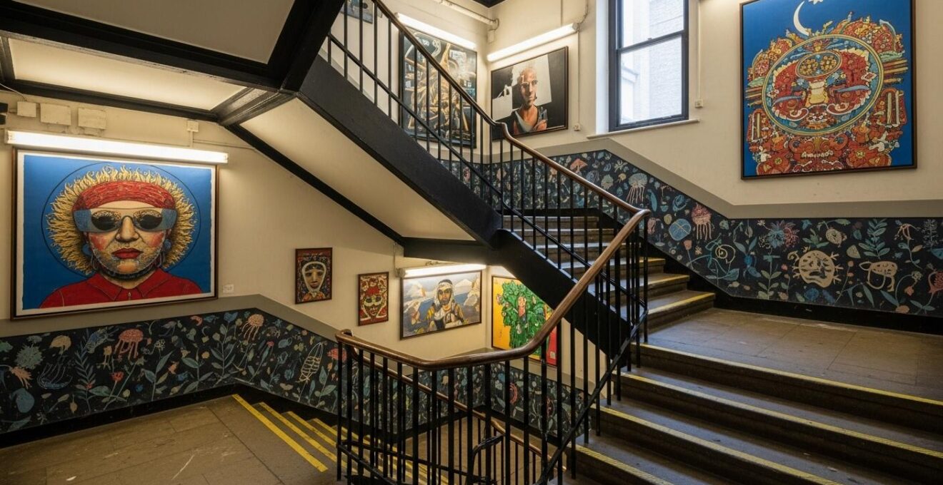 Photographie d’une cage d’escalier avec fresques d’art mural à l’intérieur, révélant des œuvres cachées