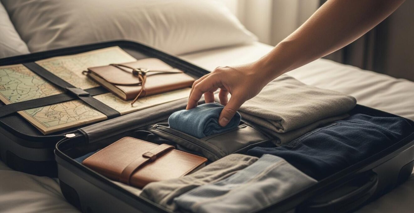 Photographie réaliste d’une valise bien organisée posée sur un lit avec accessoires de voyage essentiels à côté