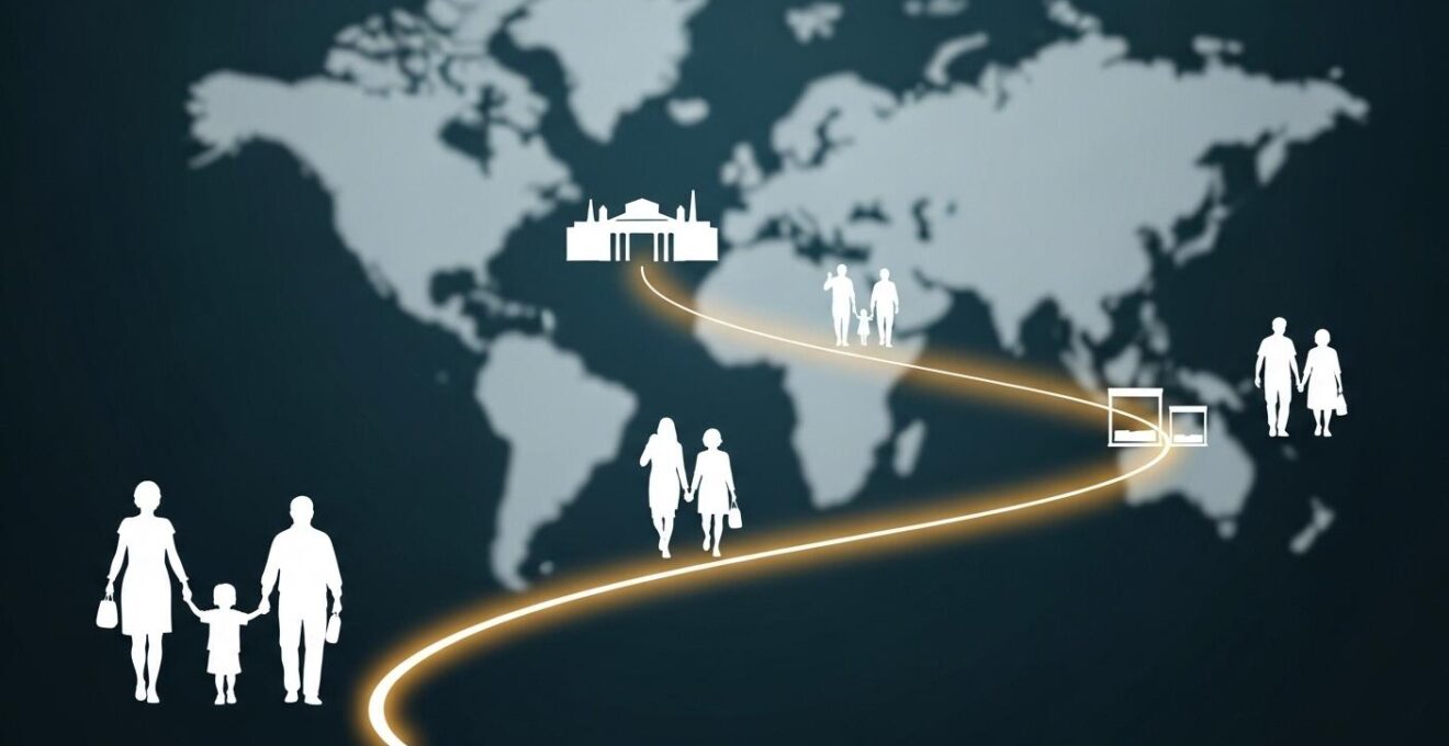 Illustration symbolique d’un itinéraire artistique montrant un grand musée et une petite galerie alignés sur une carte avec des profils de visiteurs différents
