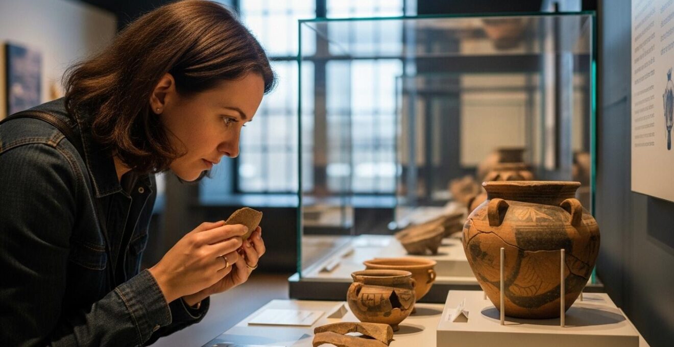 Photographie réaliste d'un visiteur explorant un musée d'archéologie à Montréal avec objets anciens sous vitrine