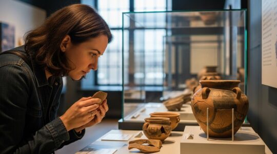 Photographie réaliste d'un visiteur explorant un musée d'archéologie à Montréal avec objets anciens sous vitrine