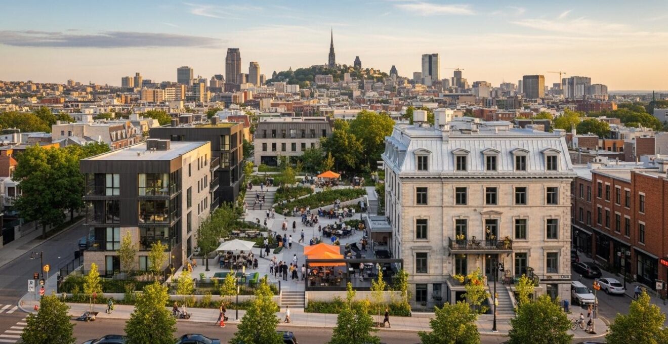 Vue aérienne dynamique montrant les quartiers créatifs du Plateau et Mile End à Montréal avec une lumière dorée au coucher du soleil