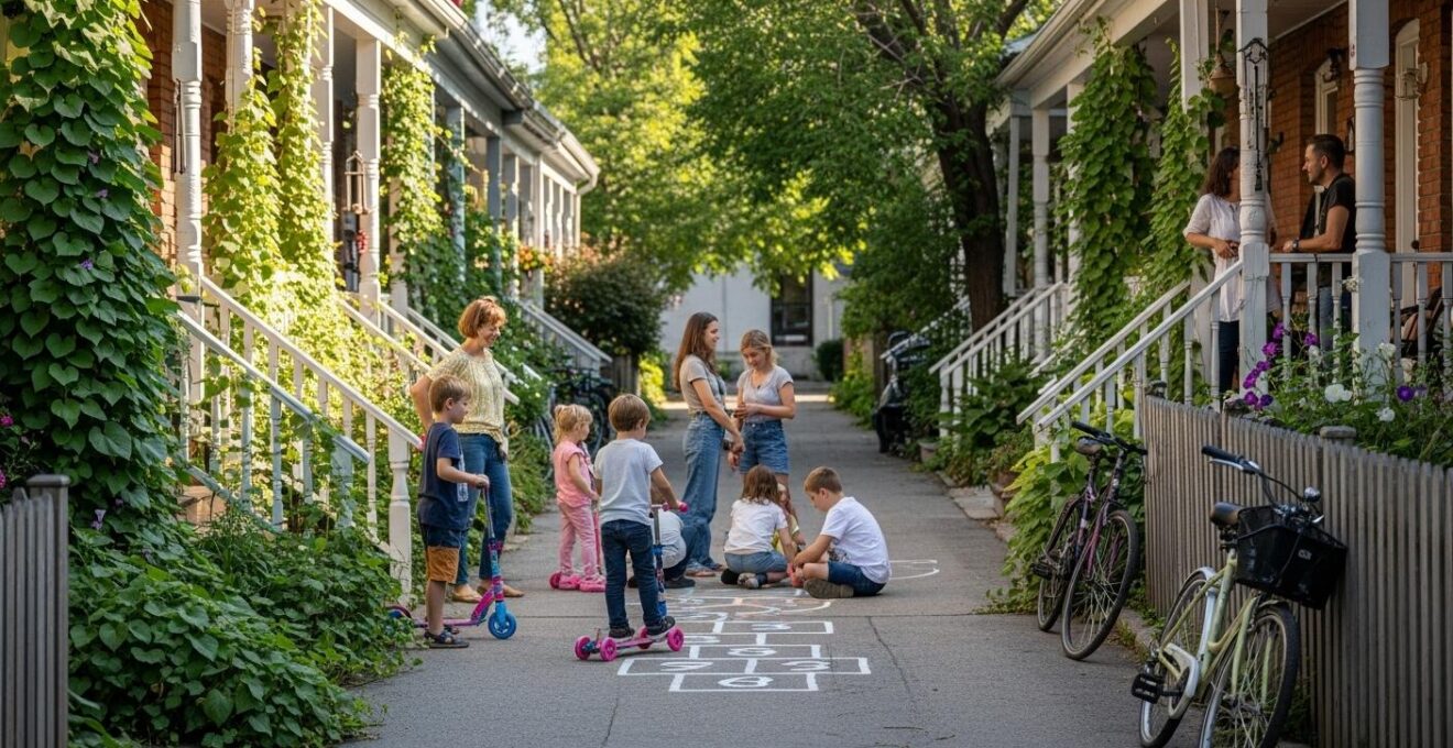 Ruelle verdoyante animée montrant la vie de quartier à Montréal, enfants jouant et adultes échangeant.