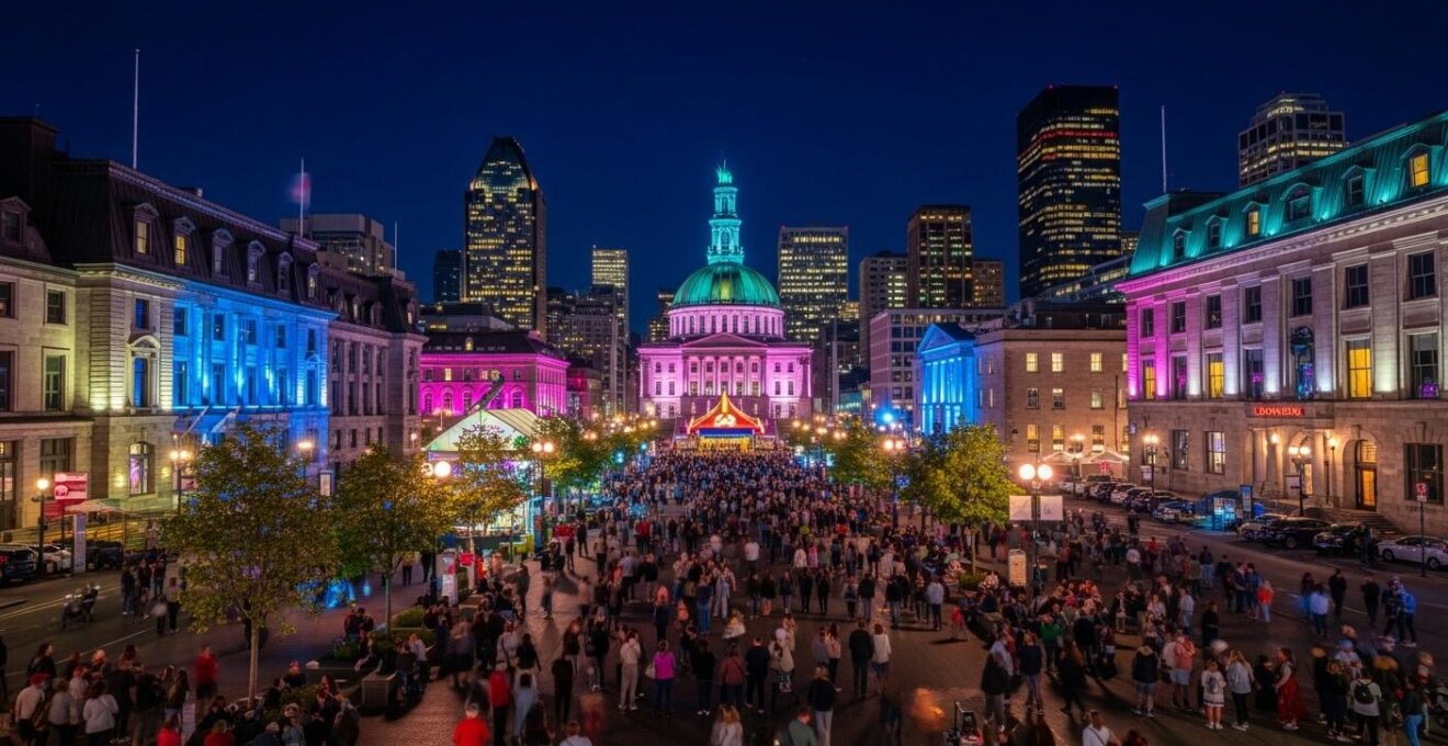 Vue d'ensemble nocturne du Quartier des Spectacles avec ses lumières et foules lors d'un festival vibrant