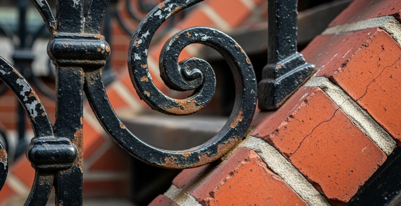 Détail en gros plan d’un escalier extérieur en fer forgé avec des briques rouges en arrière-plan