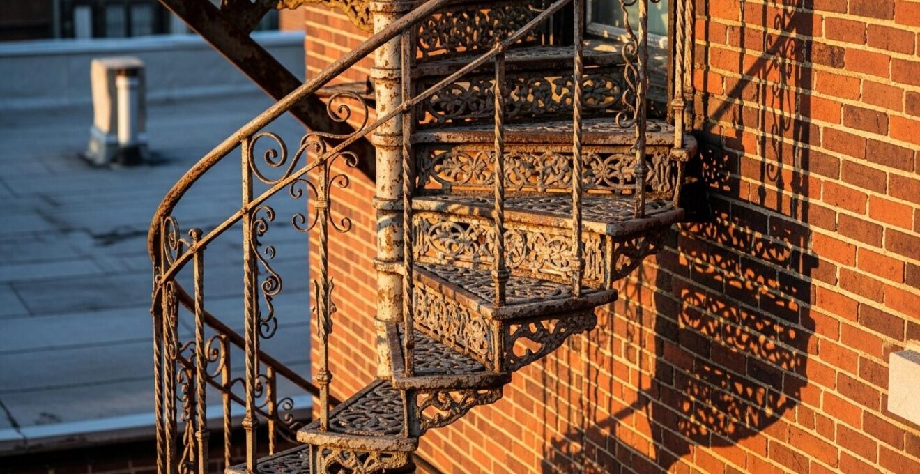 Escalier en colimaçon en fer forgé sur fond de briques rouges et toits plats sous lumière douce de fin d’après-midi.