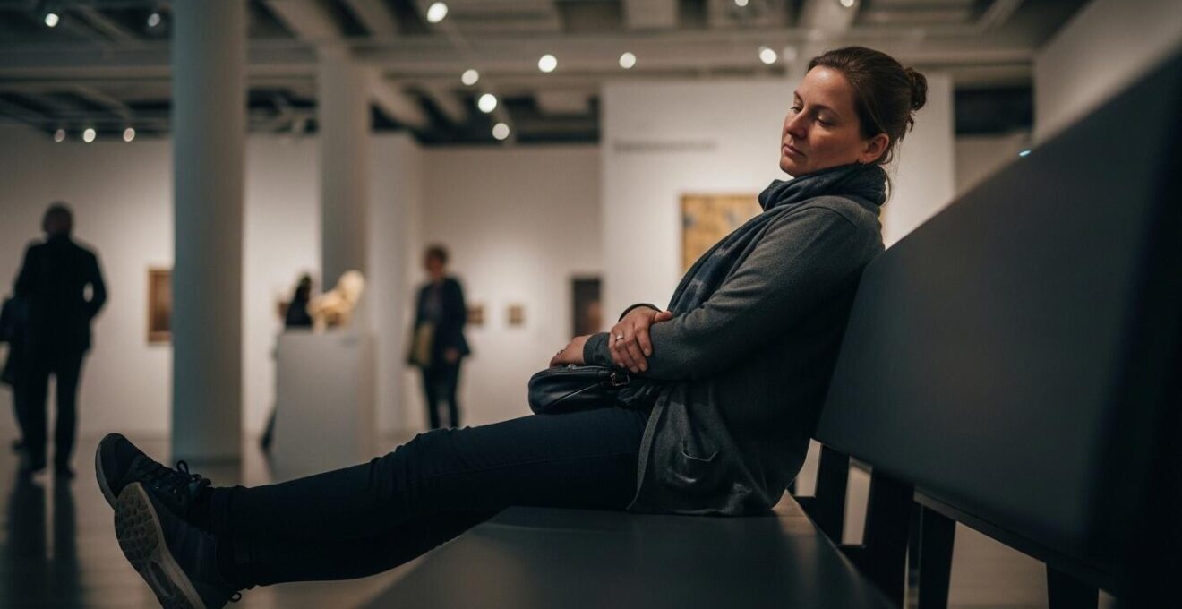 Scène réaliste d’une visiteuse assise reposant ses jambes au musée sur un banc dans une pièce éclairée naturellement
