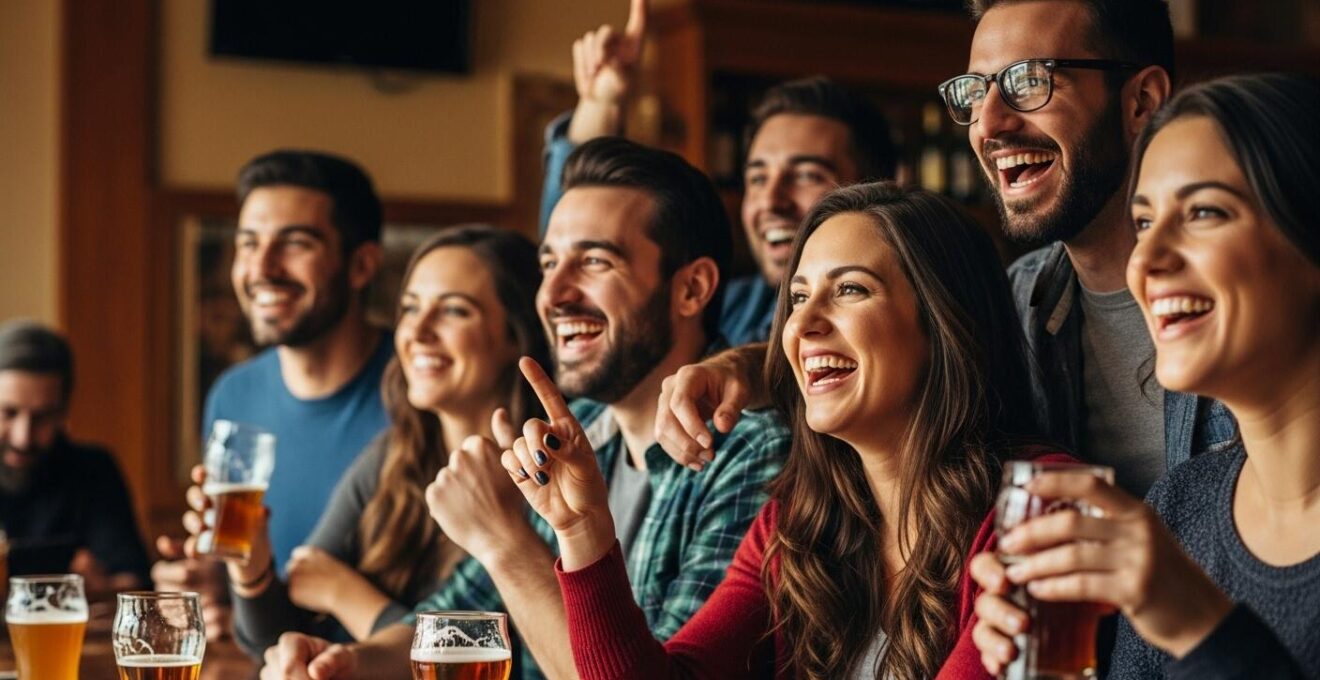 Groupe de fans partageant un verre dans un bar animé de Montréal avant un match de hockey