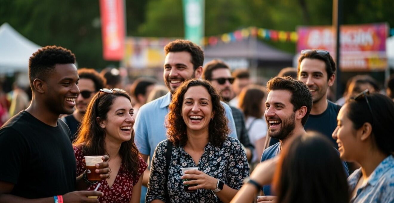 Groupe de festivaliers enthousiastes profitant d'un festival en plein air à Montréal
