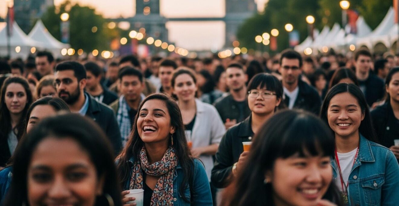 Foule diverse et énergique profitant d'un grand festival en plein air au Quartier des Spectacles à Montréal au crépuscule