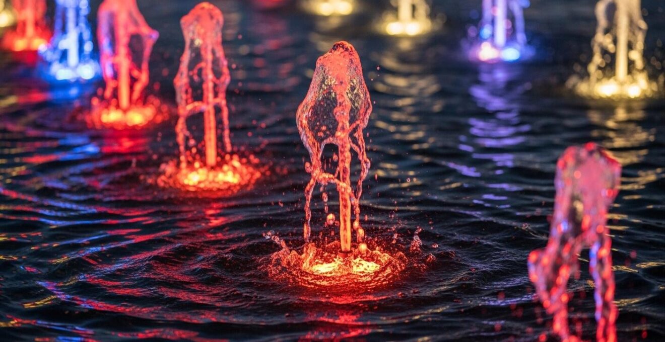 Fontaines interactives animées avec jets d'eau en soirée sur la Place des Festivals à Montréal