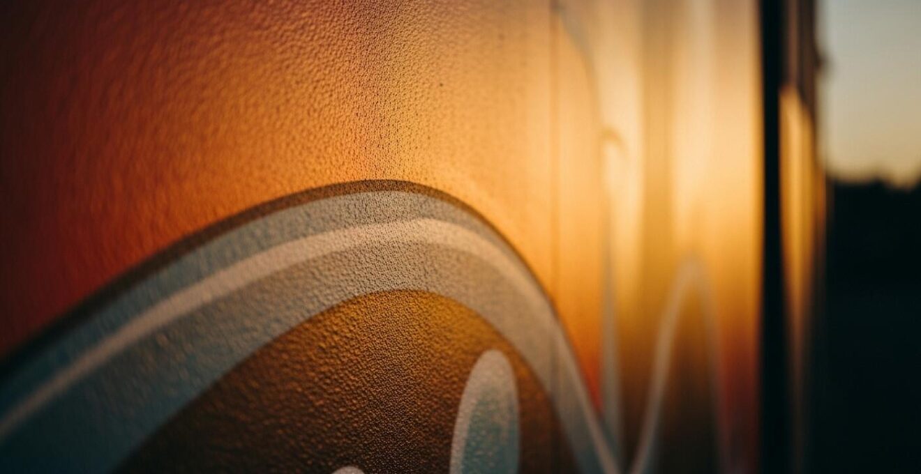 Photo en lumière dorée d’une murale de street art du Mile End avec ombres longues et couleurs chaudes