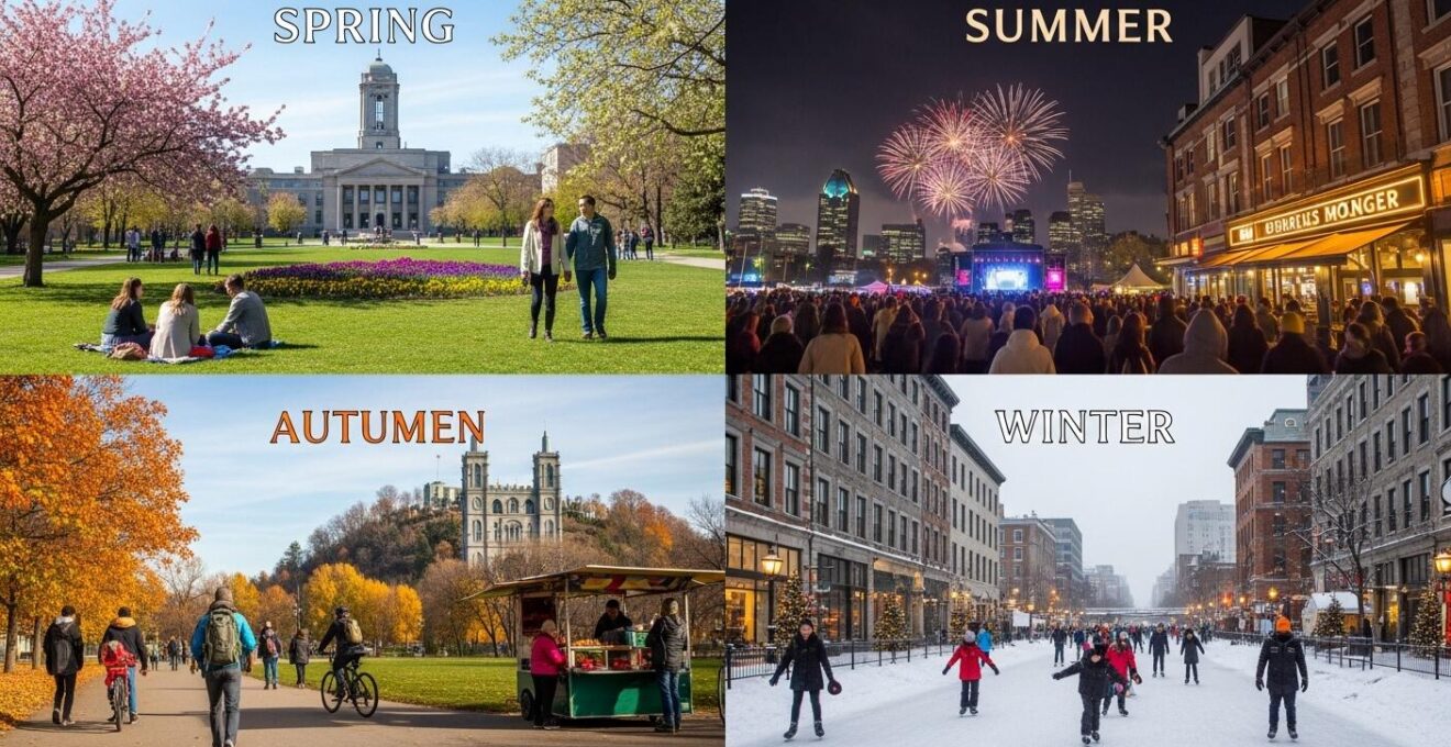 Photographie réaliste illustrant une scène urbaine montrant quatre saisons distinctes avec des activités culturelles extérieures et intérieures à Montréal