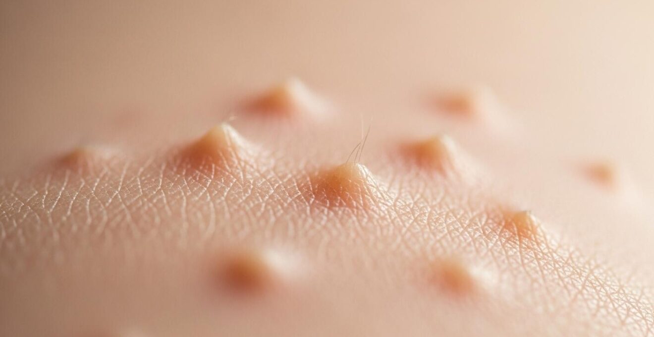 Photographie d'un détail macro d'une peau humaine avec chair de poule, lumière naturelle douce