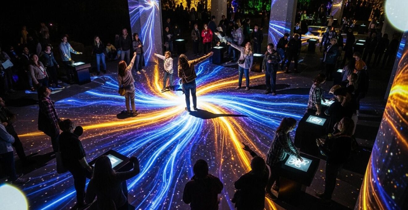 Vue immersive d'une installation artistique multimédia projetée dans un espace urbain montréalais, avec des visiteurs interagissant et captivés.