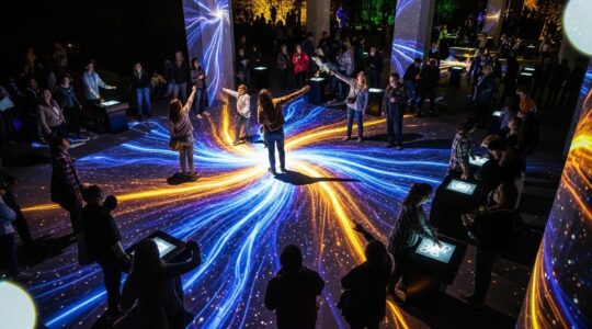 Vue immersive d'une installation artistique multimédia projetée dans un espace urbain montréalais, avec des visiteurs interagissant et captivés.