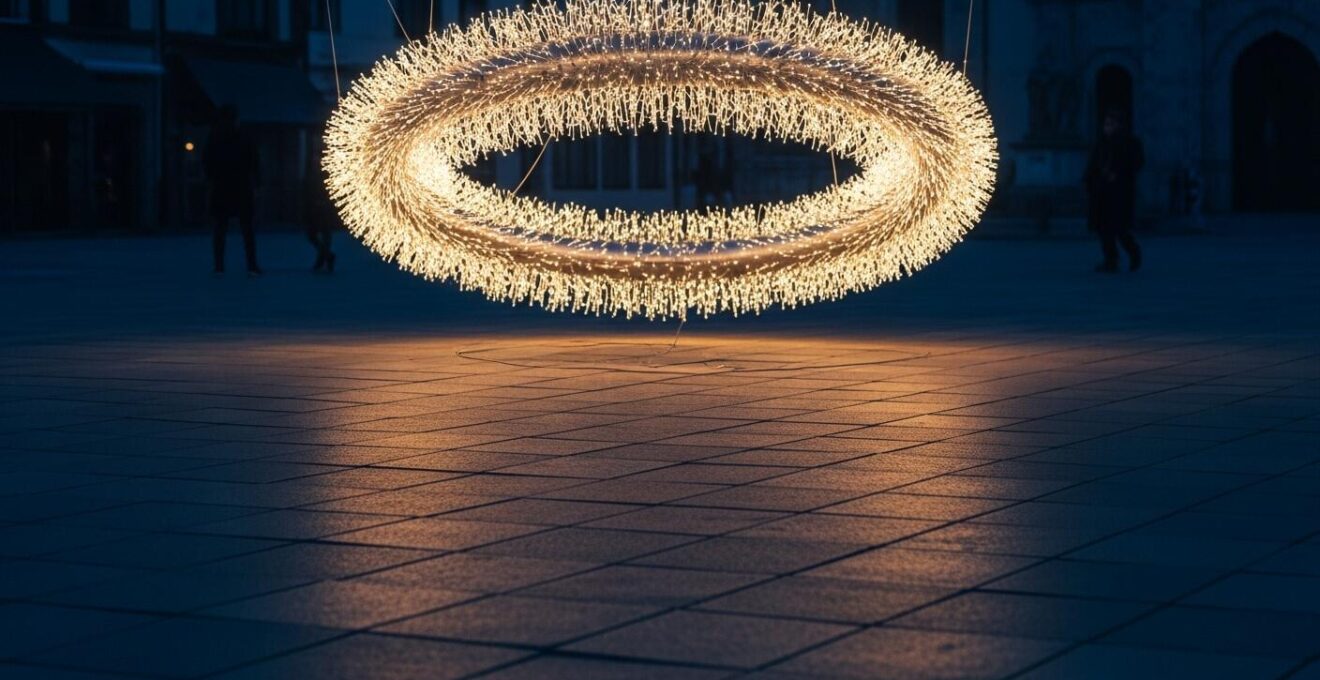 Installation lumineuse en forme d'anneau flottant au-dessus du sol dans une place publique à Montréal