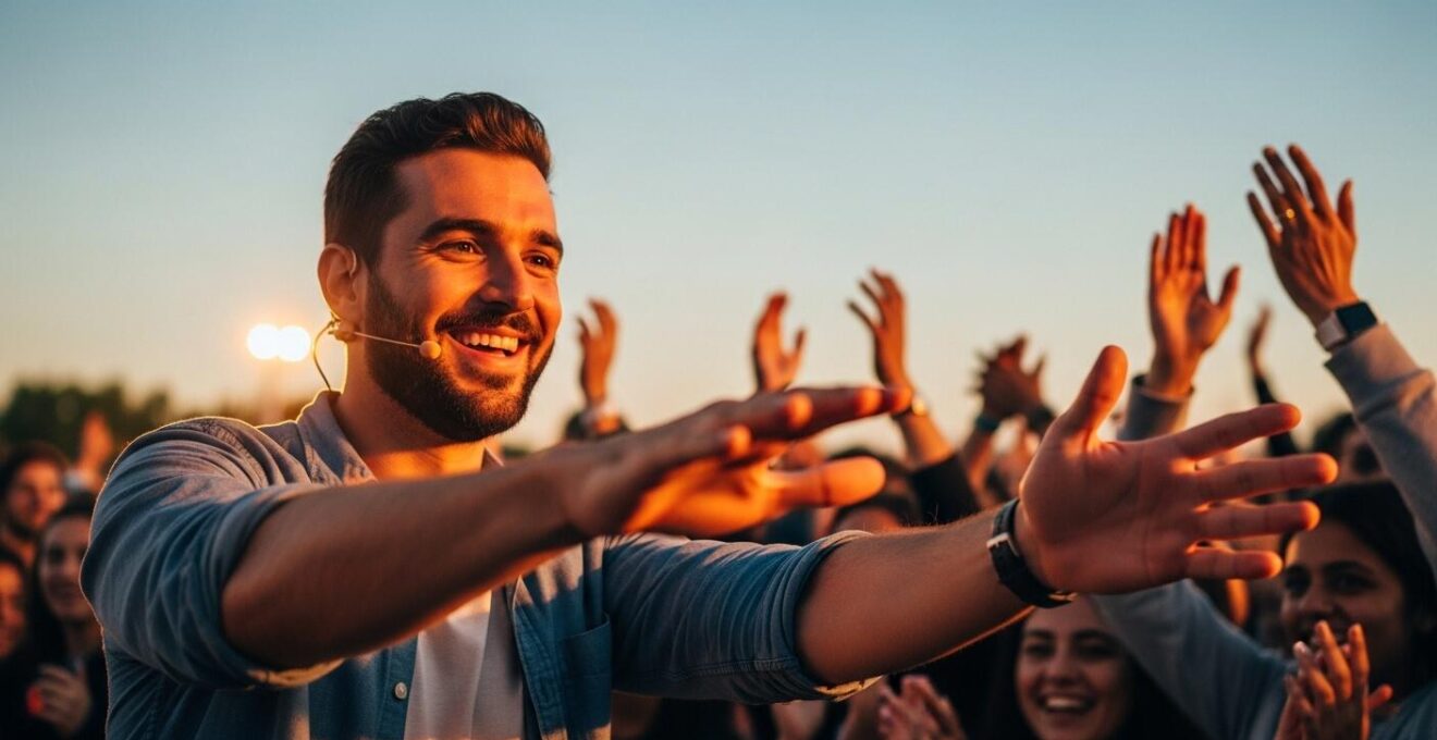 Visage souriant et gestes engageants d'un animateur de foule en action lors d'un concert