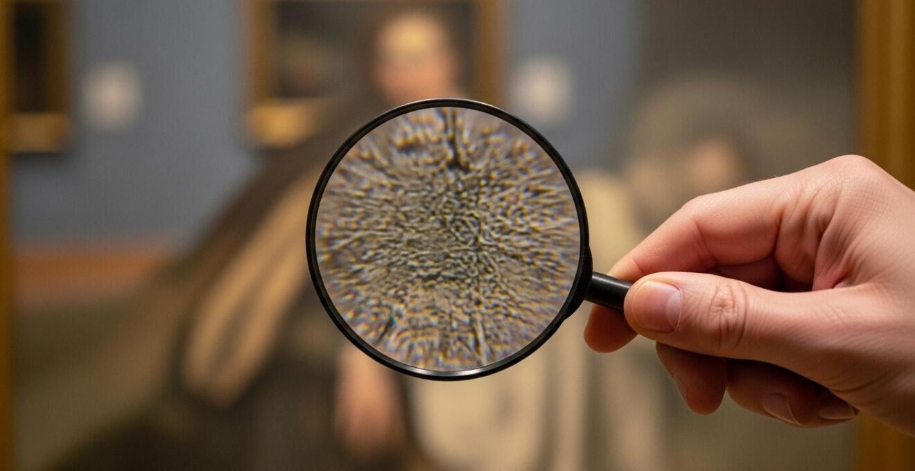 Photo macro d’une main tenant lentement une loupe posée sur un tableau dans une salle d’exposition lumineuse
