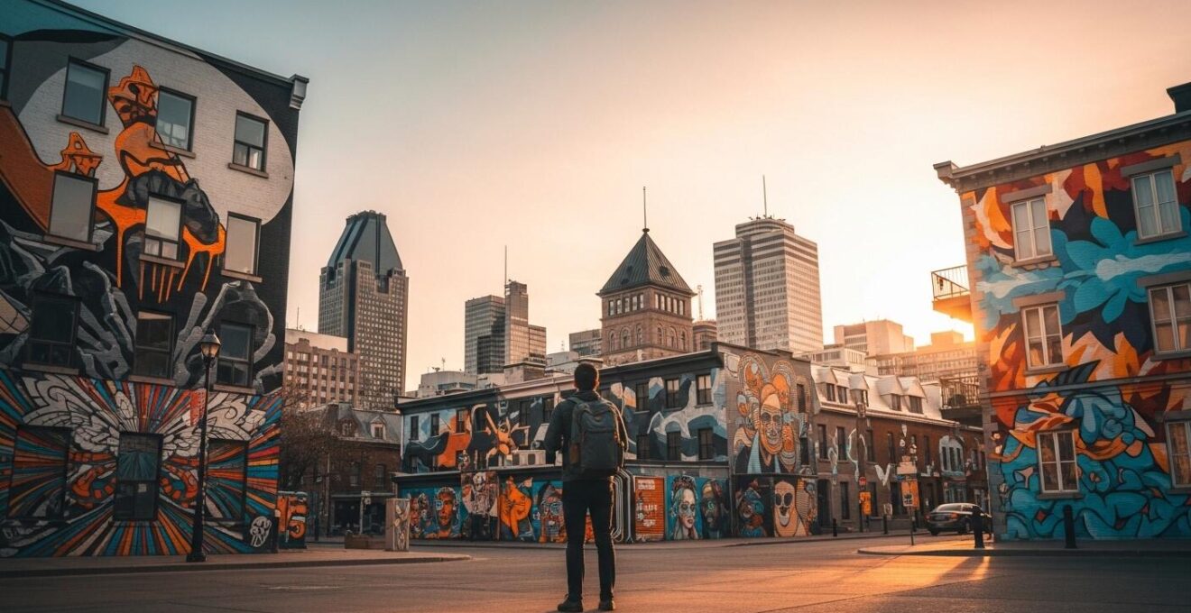 Photographie réaliste d'un voyageur contemplant les vibrantes fresques artistiques urbaines et bâtiments culturels emblématiques de Montréal au coucher du soleil