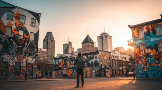 Photographie réaliste d'un voyageur contemplant les vibrantes fresques artistiques urbaines et bâtiments culturels emblématiques de Montréal au coucher du soleil