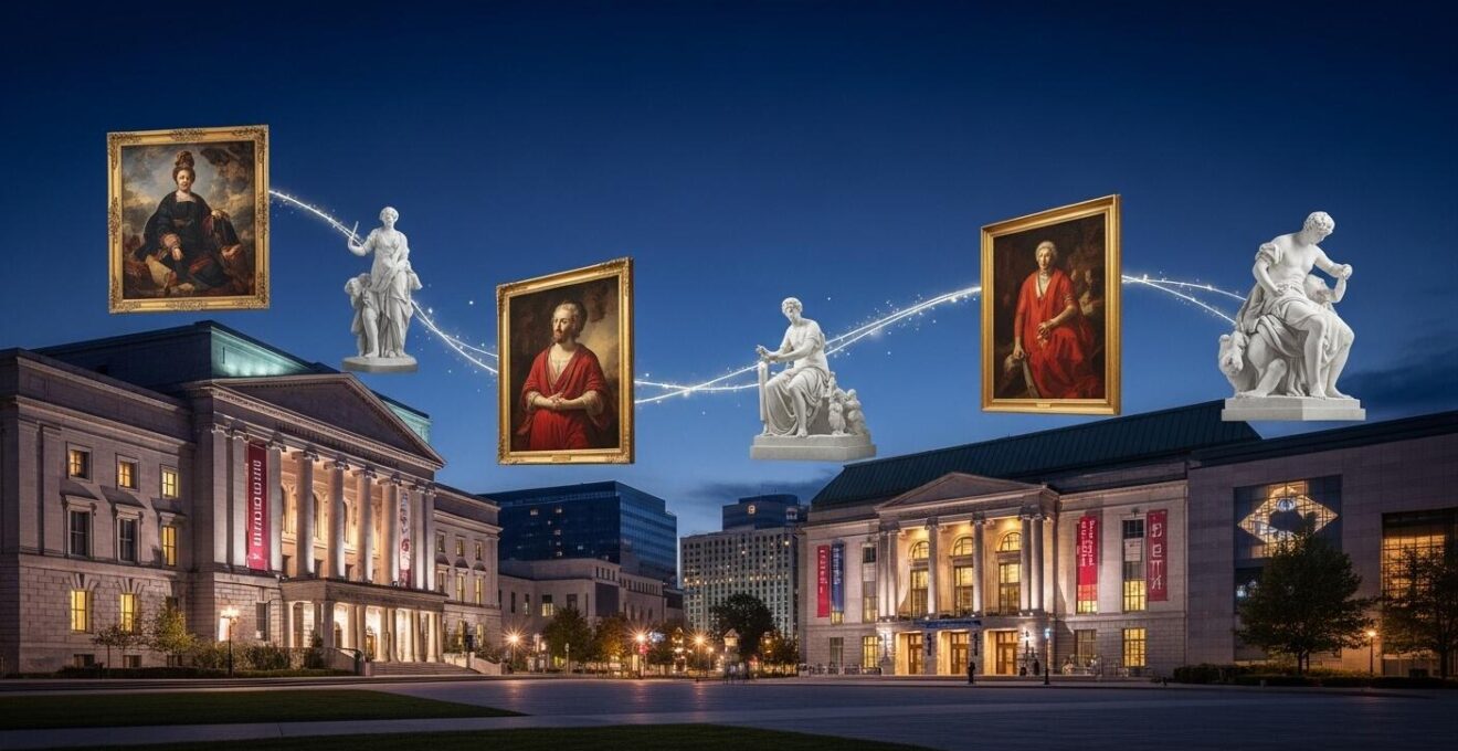 Vue nocturne symbolique de plusieurs musées de Montréal éclairés, avec des oeuvres d'art flottantes en lumière entre eux