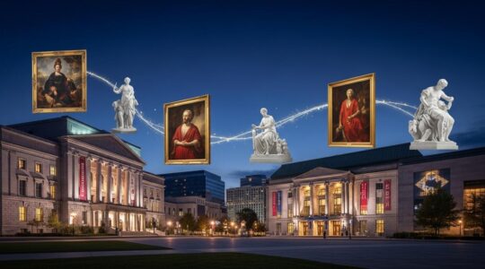 Vue nocturne symbolique de plusieurs musées de Montréal éclairés, avec des oeuvres d'art flottantes en lumière entre eux