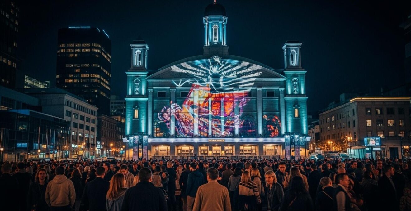 Scène nocturne vibrante à Montréal avec une foule diverse devant un bâtiment de salle de concert éclairé aux couleurs vives, évoquant la musique et la culture urbaine.