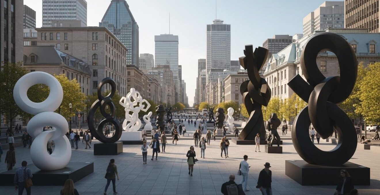 Vue panoramique réaliste de Montréal avec plusieurs sculptures modernes et sculptures publiques en plein air dans un centre-ville animé