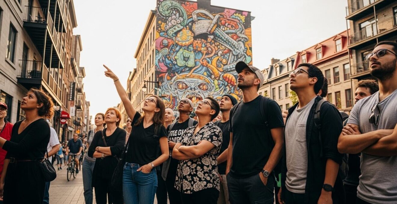 Photographie colorée et dynamique d'une fresque murale gigantesque sur le boulevard Saint-Laurent à Montréal avec des passants admirant l'œuvre
