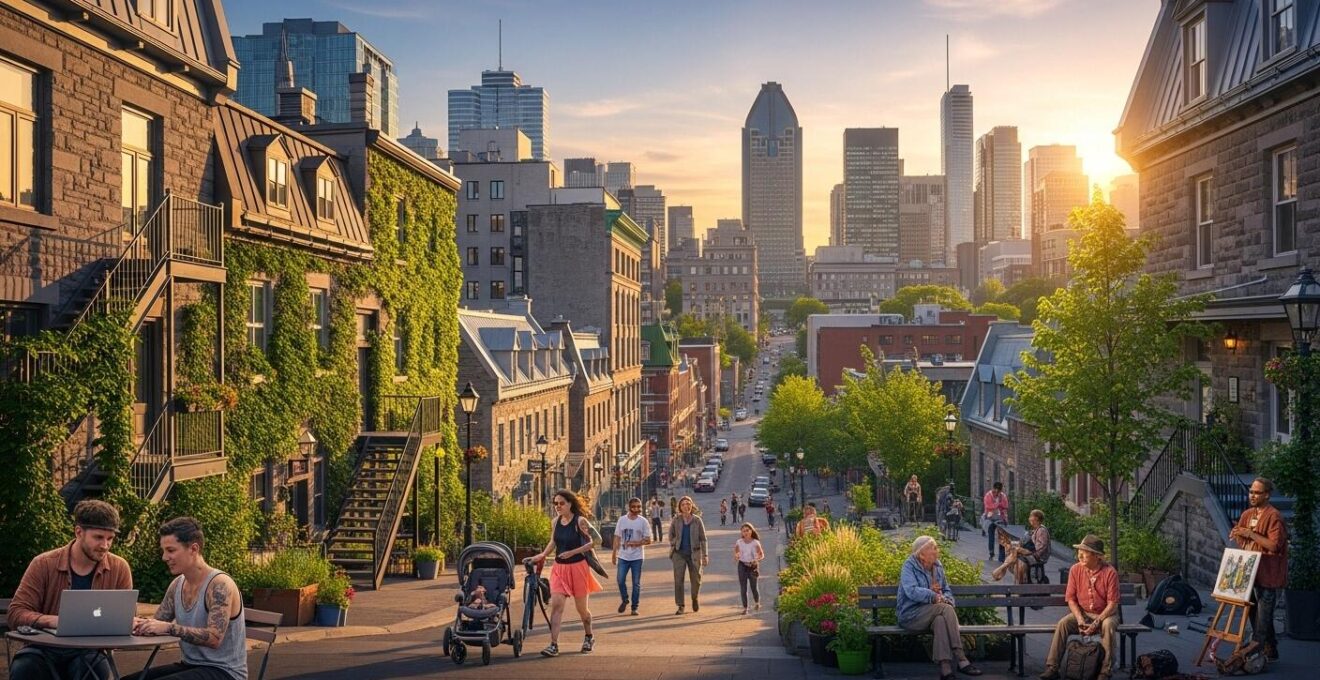Vue panoramique réaliste de Montréal avec plusieurs quartiers emblématiques en lumière dorée de fin de journée, mixant architecture moderne, ruelles verdoyantes et passants de tous horizons.