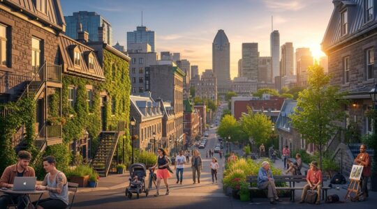 Vue panoramique réaliste de Montréal avec plusieurs quartiers emblématiques en lumière dorée de fin de journée, mixant architecture moderne, ruelles verdoyantes et passants de tous horizons.