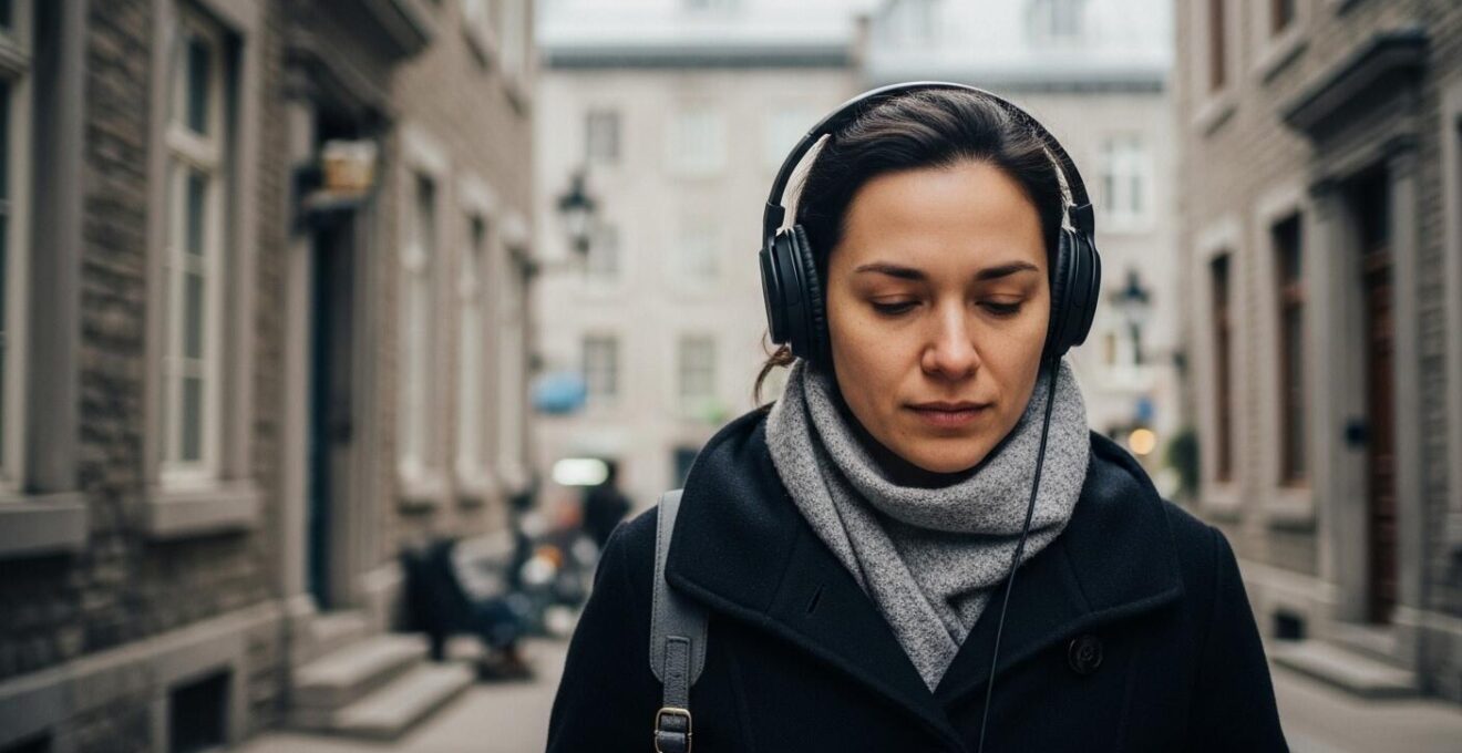 Photographie d’une personne avec casque audio en pleine promenade urbaine dans une rue ancienne du Vieux-Montréal, en immersion sonore