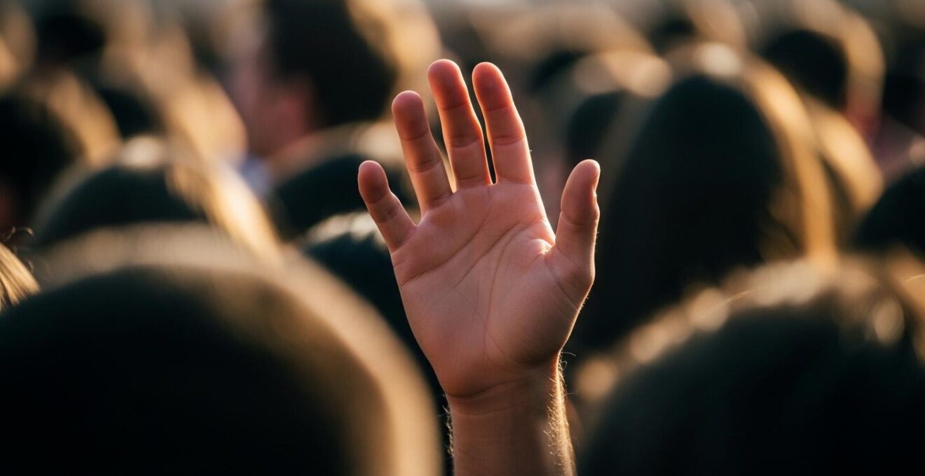 Détail en gros plan d'une main tendue vers une scène de festival, symbolisant le placement stratégique dans la foule