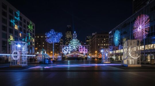 Vue panoramique nocturne du Quartier des Spectacles à Montréal illuminé après les festivals avec des installations artistiques lumineuses
