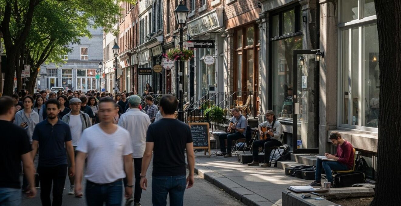 Scène de rue animée dans le Mile End avec galeries d'art, cafés et animations culturelles