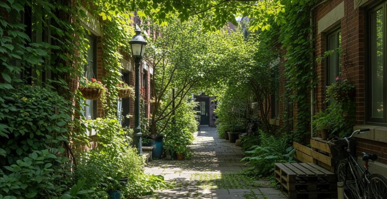 Photographie réaliste d'une ruelle verte du Plateau-Mont-Royal avec végétation luxuriante et aménagements urbains adaptés